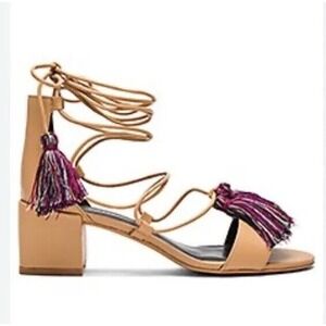 Rebecca Minkoff Womens 7.5 Isla Heel Sandals Tasseled Gladiator Natural Vachetta